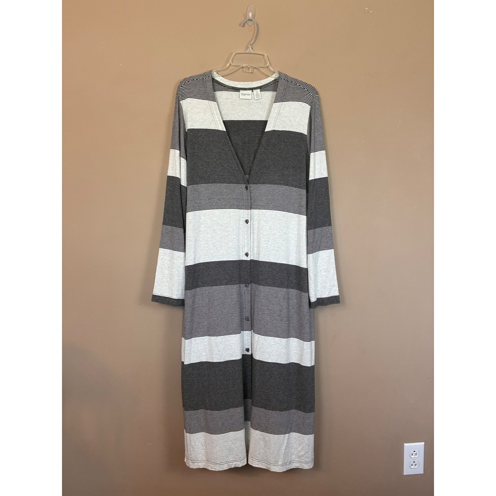 Zenergy by‎ Chicos Grey White Striped Button Front Longline Duster Cardigan Sz 2